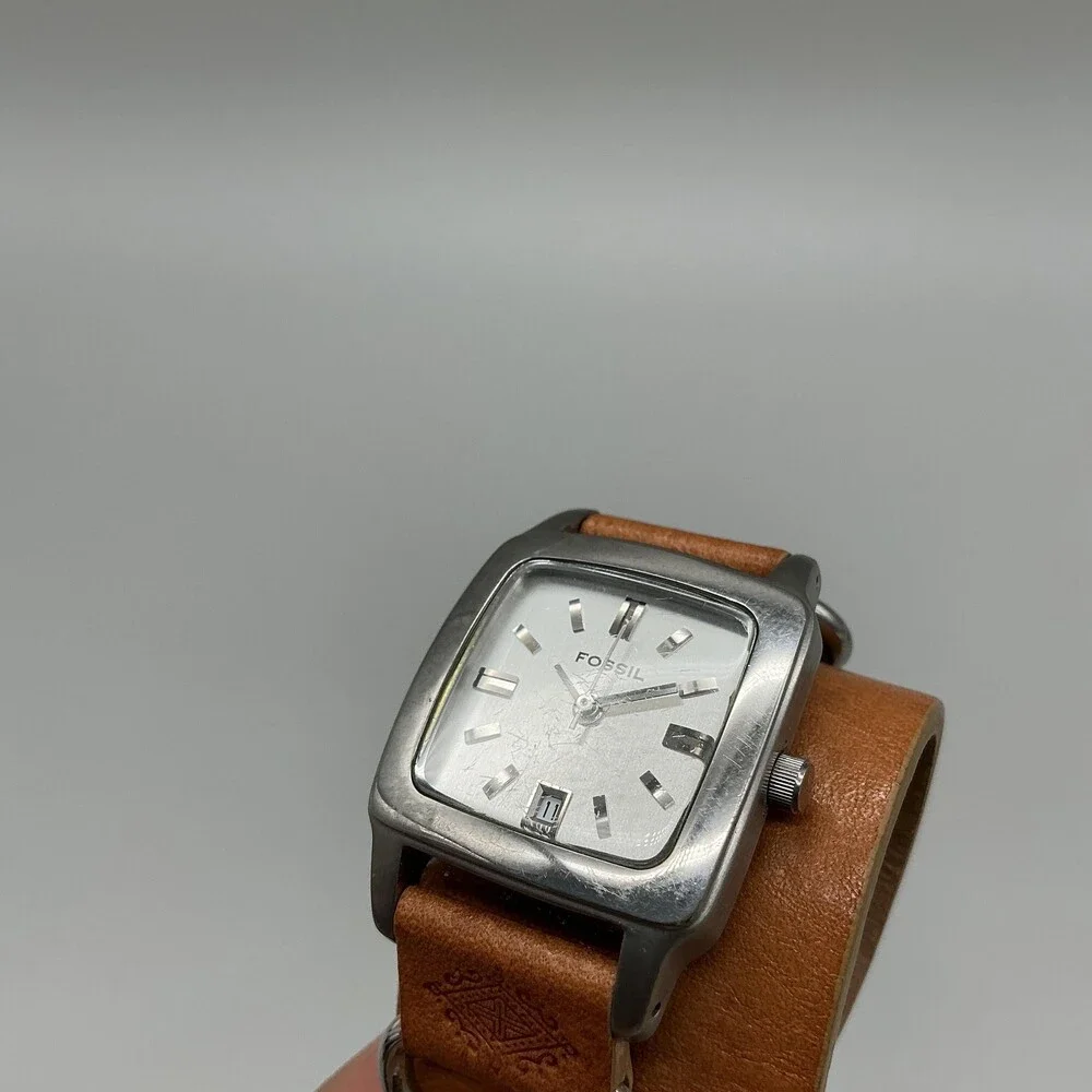 Fossil JR-8083 Womens Watch 26mm Silver Tone Brown Leather Bund Date New Battery